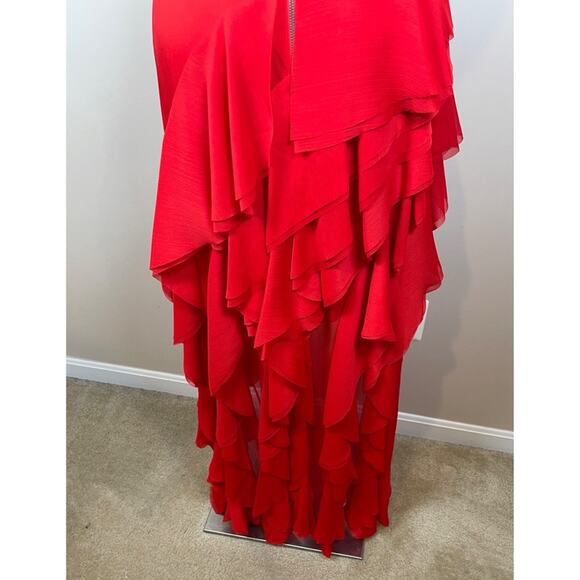 Alice + Olivia Holly Ruffle Tiered Asymmetric High Low Red Maxi Dress Sz 2 - Picture 6 of 11